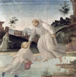 Scener ur St. Benedictus liv: Maurus, på instruktion av St. Benedikt, drar Placidus från sjön, ca 1488 (panel)